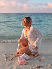 Vestido de verano nuevo con cuello en V SEREN, vestido casual y sexy para vacaciones con espalda descubierta, manga larga ajustada, calado, para vacaciones, festivales de música, vestido de playa, vestido bohemio blanco, vestido blanco mini - Blanco - Ver 3
