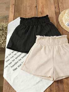 2pcs Girls Ruffled Elastic Waist Shorts, Children Casual Flowy Summer Shorts, Machine Washable - Black - View 7