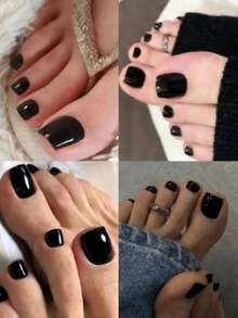 120 móng chân giả bóng, 12 kích cỡ/hộp, móng dán màu đen, móng giả acrylic vuông ngắn phủ kín toàn bộ móng, dụng cụ làm móng nghệ thuật cho nữ và bé gái. - màu đen - Xem 3