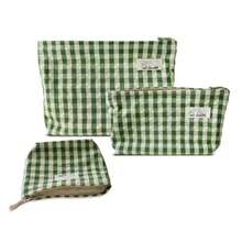 Nylon Checker Makeup Bag Set 3 with Compartment Cosmetic Toiletry Travel PouchPurse Accessory Organizer 3-Size Beige Green Plaid Canvas Lined - Juego de 3 compartimentos con cuadros verdes y beige - Ver 1
