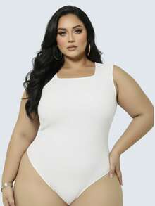 Plus Size Bodysuit Square Neck Tank Top Foreign Fashion - trắng - Xem 9