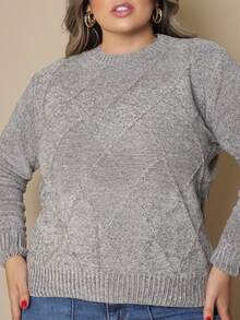 Plus Size Women's Knitted Sweater Long Sleeve Round Neck Casual Reverse FL-Sd2064 - 灰色 - 查看 1