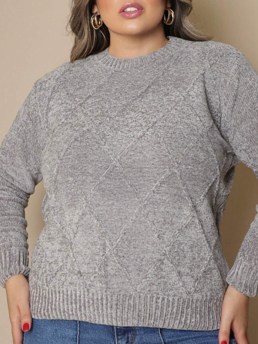 Plus Size Women's Knitted Sweater Long Sleeve Round Neck Casual Reverse FL-Sd2064 - 灰色 - 查看 1