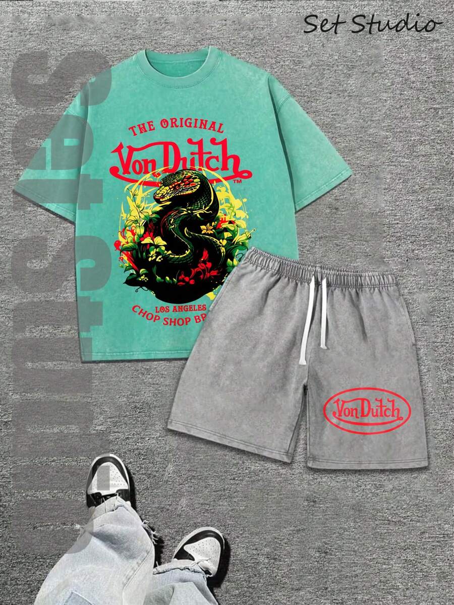 Mens Creative T-Shirt And Shorts Set American Vintage Full Print Street Wear Essential T-Shirt Set Men Graphic T-Shirt And Shorts Set With Dragon And Von Dutchs Logo Print Washed Look For Casual Outfits And Urban Style - 湖綠色和灰色 - 查看 1