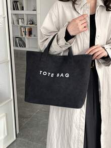 复古大容量女士手提包，字母印花简约设计，通勤百搭 - 黑色 - 查看 3