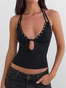 Women Studded Halter Top Sleeveless Open Back V Neck Slim Fit Tank Top Y2k Going Out Tops Club Party Outfits - 黑色 - 查看 1