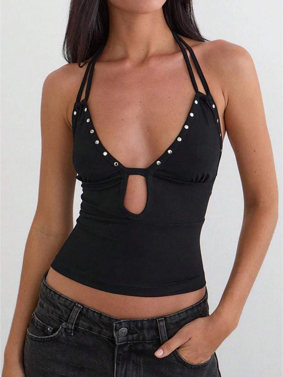Women Studded Halter Top Sleeveless Open Back V Neck Slim Fit Tank Top Y2k Going Out Tops Club Party Outfits - 黑色 - 查看 1