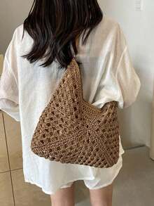 Women's Handmade Woven Grandma Plaid Contrast Color Large Capacity Tote Bag, Beach Bag, Perfect For Summer, Vacation And Daily Use, Travel Essential, Women's Summer Straw Beach Bag, Most Popular Women's Beach Bag, Beach Essentials, Beach Must-Haves, Beach Accessories And Summer Essentials, Latest Holiday Bag , Summer, Woven Bag - Khaki - View 7