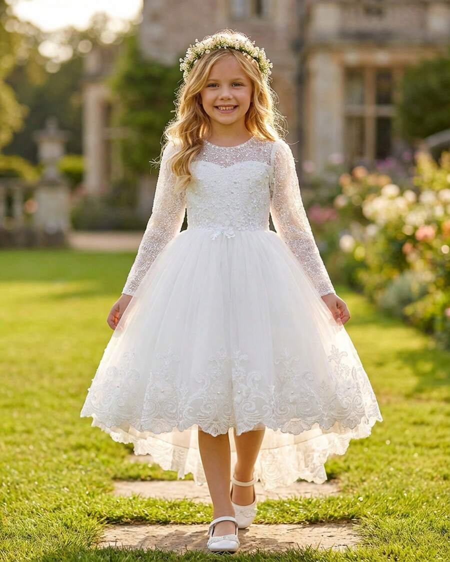 Flower Girl Dress Princess Style Girls White Long Sleeve Lace Pearl Beaded High Low Tulle Gown With Bow Back For Wedding First Communion Birthday Party Pageant Bridesmaid Formal Occasion - trắng - Xem 1