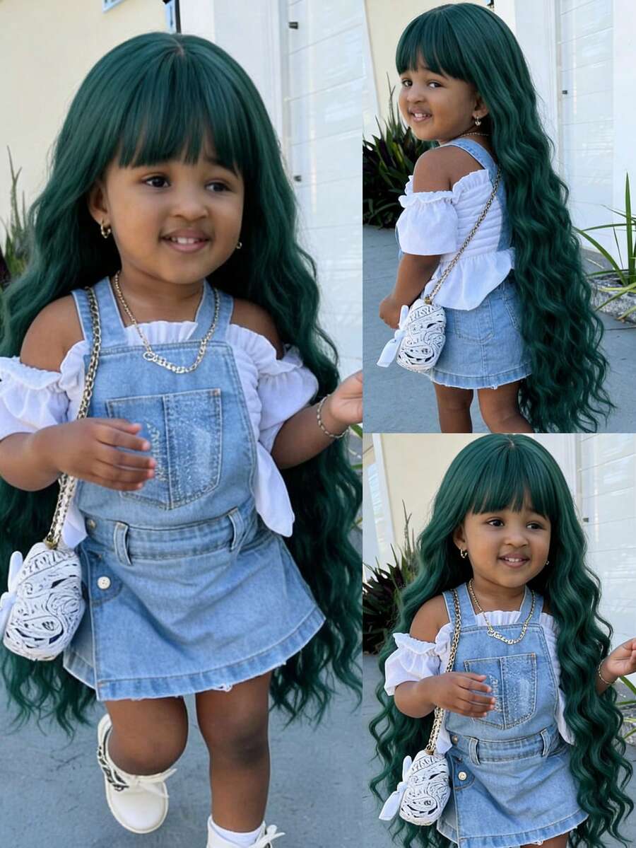 Tóc giả dài gợn sóng màu xanh lá cây có mái cho bé gái, thích hợp để hóa trang hàng ngày, Halloween, Giáng sinh, chịu nhiệt.