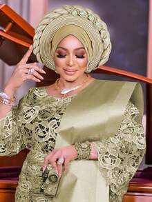 1pc Royal Blue Satin Braided Gele Turban For Women, Rhinestone Embellished African Headwrap For Wedding & Party Occasions - A - 查看 19