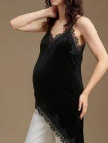 孕妇哺乳吊带背心，黑色丝绒蕾丝弹力无袖背心，产后日常打底衫 - 黑色 - 查看 2