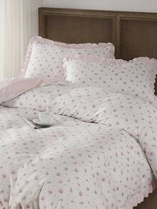 2/3件套浪漫法式风格被套套装，可爱玫瑰印花床上用品套装，包含1个被套和1/2个枕套，柔软透气，时尚可爱，适合卧室和宿舍装饰，适用于单人床、双人床、大号床、特大号床，通过Oeko-Tex认证 - 彩色 - 查看 3