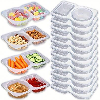 20pcs Portable Dual Compartment Condiment Containers - Reusable Plastic Sauce And Dip Cups For Travel, Snacks And Meal Prep (Transparent), Dual Compartment Containers Suitable For Dipping Bowls