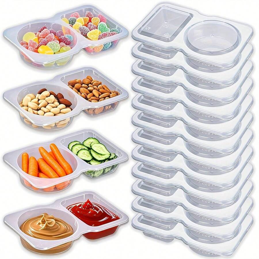 20pcs Portable Dual Compartment Condiment Containers - Reusable Plastic Sauce And Dip Cups For Travel, Snacks And Meal Prep (Transparent), Dual Compartment Containers Suitable For Dipping Bowls