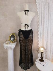 Bộ bikini gợi cảm kèm váy quấn, trang trí ngọc trai, kiểu dáng mới của khu nghỉ dưỡng Maple Leaf Beach Resort, thích hợp cho kỳ nghỉ. - màu đen - Xem 2