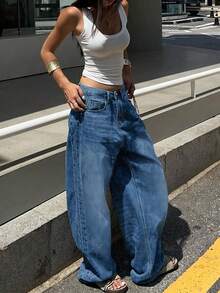 Washed Mid-Blue Retro Jeans, American Casual Denim Women's Design Spring/Summer , Loose Wide Leg Fashionable Jeans - Medium Wash - View 6