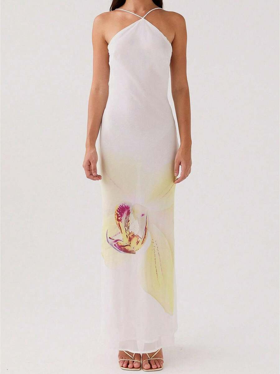 Vestido de verano estampado tipo chaleco para mujer - sin espalda, entallado - adecuado y a la moda, ideal para fiestas, playas, uso diario y vacaciones - Amarillo - Ver 1
