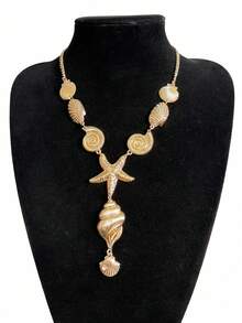 1pc Fashionable Exaggerated Gold Starfish & Shell Y-Shaped Necklace, Metal Coastal Style Women's Necklace Suitable For Beach, Party, Versatile - Gold - View 4