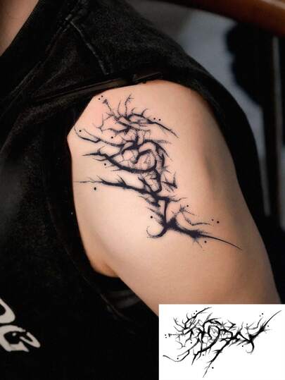 1张持久7-14天的草本临时纹身贴纸，哥特风格抽象荆棘肩部纹身贴纸，防水纹身贴，适合男士使用