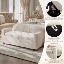 48" Ottoman With Storage, Tufted Storage Ottoman Bench, Convenient Living Room Fabrics Bench Seat, Entryway Shoe Benches With Inner Zipper & Arm, Rivetless Upholstered Window Seat Ottomans, Beige - Beige - View 5