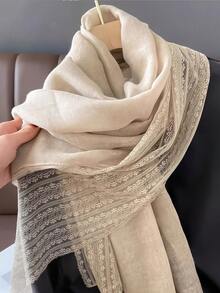 1pc Women's Linen Solid Color Lace Trim Scarf, Lace Long Scarf Suitable For Daily Wear, Beach, Holiday, Travel Essential - Apricot - View 3