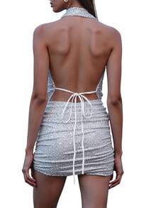 Women Sequin 2 Piece Outfit Sparkly Bodycon Sleeveless Halter Crop Top Split Mini Skirt Set Going Out Club Suit - Silver - View 2