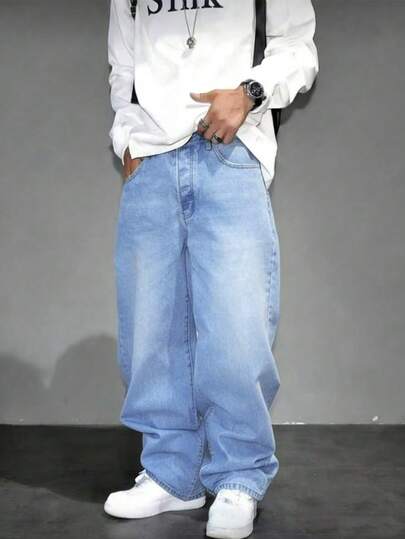 Loose-Fit Jeans, Men's Street-Style Denim Pants, Cotton Loose-Cut Jeans With Pockets, Washed Long Skateboard Jeans, Cargo Style Blue Jeans, Streetwear Y2K Series