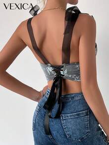 Áo hai dây ren rỗng thắt dây gợi cảm Vexica dành cho nữ, kiểu áo corset có gọng, thích hợp cho những buổi đi chơi mùa hè và mặc hàng ngày. - màu đen - Xem 2