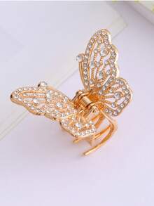 1pc Fashion Hollow Butterfly Design Hair Claw, Niche Luxury Rhinestone Alloy Hair Claw For Ponytail & Half-Up Hairstyle - Gold - View 4