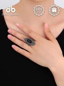 1pc S925 Sterling Silver Bohemian Mirror Polished Ring, Pave Set Black Stone Main Gemstone, Vintage Chic Design, Suitable For Daily, Commute, Party Wear, Stackable Jewelry, Great Gift For Valentine's Day, Mother's Day, Comes With Gift Box - Bohemian Style - View 8