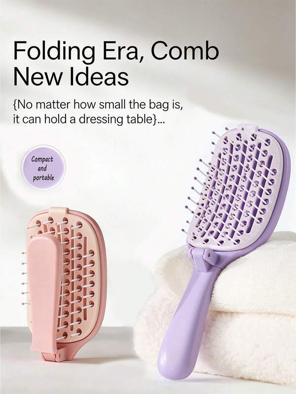 1개 휴대용 접이식 부드러운 털 엉킴 방지 헤어 브러시, 엉킴에 부드럽고, 쉬운 청소를 위한 탈착식 패드, 지갑에 맞는 컴팩트한 크기, 접이식 디자인, 엉킴을 쉽게 제거, 일상 사용 및 여행에 컴팩트하고 편리함
