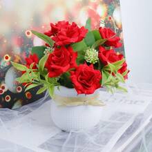 1 buc. Trandafir roșu realist cu ghiveci din plastic cu dungi albe, decor de trandafiri realiști pentru sufragerie, dormitor, perfect pentru Ziua Îndrăgostiților, Ziua Mamei, decorare de nuntă - Trandafir rosu - Vizualizare 4