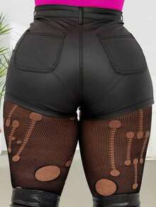 Women's Solid Color Metallic PU Leather Pocket Sexy Shorts Black Summer - 黑色 - 查看 5