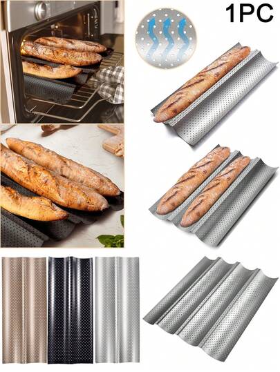 Khuôn bánh mì và bánh ngọt kiểu Pháp 2/3/4 lỗ, khuôn nướng bánh mì Pháp chống dính cao cấp, hộp nướng bánh mì lượn sóng, giá nướng bánh mì, dụng cụ khay nướng, khuôn nướng bánh mì chua dài, thích hợp cho cả làm bánh chuyên nghiệp và gia đình, có thể làm bánh mì vỏ giòn vàng óng, thích hợp cho bánh mì Pháp và bánh mì Ý, chịu nhiệt và thoáng khí (Bạc, Vàng, Đen)