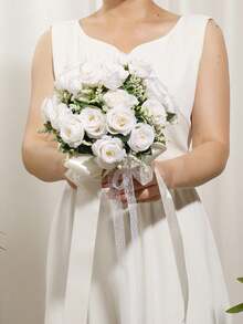 Bó hoa cưới cô dâu/phù dâu kiểu phương Tây, hoa hồng nhân tạo, bó hoa giả lá xanh, phụ kiện hoa nụ ren cho chụp ảnh cưới ngoài trời, phụ kiện ném hoa cô dâu trong tiệc cưới ngày Valentine. - Nhiều màu - Xem 3