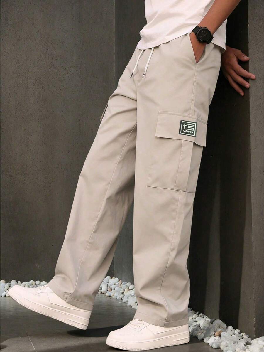 Men's Fashion Cargo Pants, Straight Leg, Elastic Waist, Multi-Pocket, Loose Fit, Solid Color, Side Embroidered Logo Long Pants - Beige - View 1