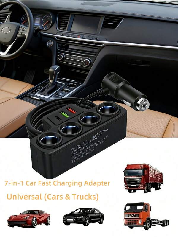 7-in-1 차량용 충전기, USB 다기능 차량용 고속 충전기, 퀵 충전 어댑터, 12V/24V 차량에 적합, 여러 장치 고속 충전