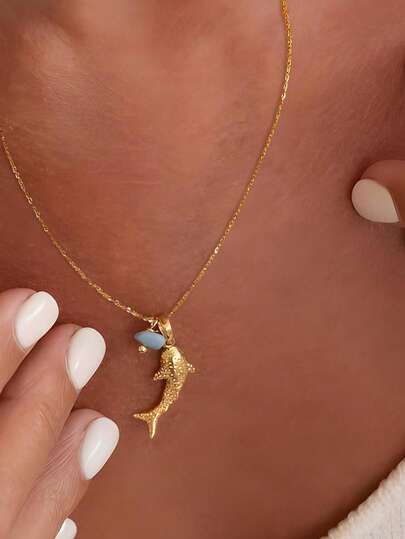 1pc Women's Fashionable Beach Ocean Theme Personalized Shark Natural Stone Pendant Necklace, Ideal Gift For Weddings, Engagements, Beach Vacations