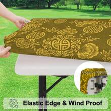 1 Stück Tischdecke aus Polyestermaterial, goldener Hintergrund mit chinesischem Glückssymbol-Design, Pfingstrose, hochauflösender digitaldruck mit Saum, knitterfrei, geeignet für Zuhause, Küche, Partys, Geburtstage, Feiertage, Innen- und Außenbereich, Heimdekoration - Gold - Übersicht 6