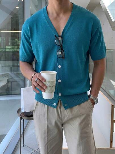 كارديجان رجالي أحادي اللون بياقة على شكل حرف V وأزرار أمامية، أكمام قصيرة، ملابس علوية محبوك كاجوال، للربيع/الصيف