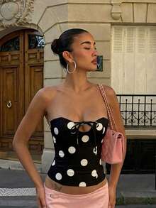 Áo hai dây ren chấm bi ôm sát, khoét lỗ, buộc dây, màu đen, gợi cảm, thích hợp cho mùa hè. - màu đen - Xem 4