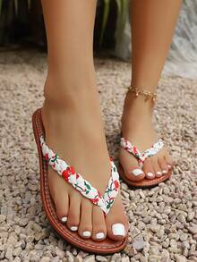 新款女士人字拖，休闲度假时尚平底凉鞋，多功能防滑沙滩人字拖 - 白色 - 查看 2