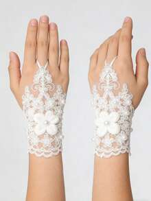 Lace Fingerless Gloves With Sequin Floral Decor, Suitable For Wedding Dress, Photo Shoot, Street Style - Multicolor - View 5