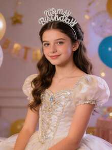 Băng đô cài tóc dự tiệc sinh nhật cho bé gái, đính đá pha lê lấp lánh, thiết kế "Sinh nhật của tôi!", phụ kiện - Phối màu - Xem 3