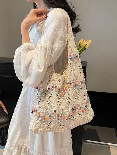 彩色串珠针织镂空钩编休闲度假手提包，大容量编织手提包，适合通勤、海滩、时尚单肩包