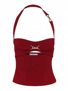 Women's Halter Neck Bustier Solid Color Cut-Out Backless Slim Fit Crop Camisole - Đỏ - Xem 5