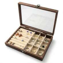 Small Wooden Ring And Earring Organizer Box Case Display Case With HD Glass Lid Velvet Lining Organizer For Women Rings Earrings Bracelets Brooches Compact Size Jewelry Box For Traveling - 紫丁香色 - 查看 2