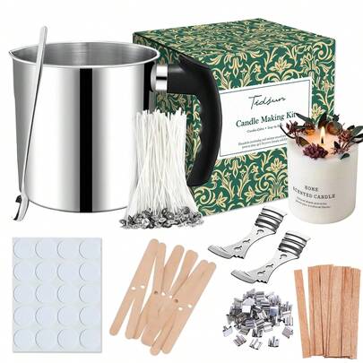 DIY蜡烛制作套装，包含熔蜡锅、蜡烛芯、烛芯贴纸和支架、烛芯定心工具，适用于制作香薰蜡烛和蜡工艺品