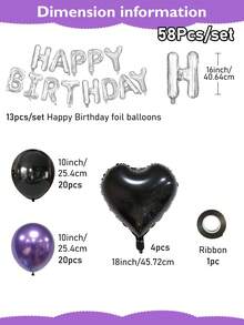 Set de decorațiuni pentru zi de naștere 13/58/558 bucăți, mov și negru - banner argintiu "La mulți ani", balon metalizat negru în formă de inimă + baloane din latex metalizat mov, perfect pentru petrecere tematică K-POP, petrecere de zi de naștere, aniversare, surpriză la hotel, recuzită pentru ședință foto - Stilul 1 - Vizualizare 9